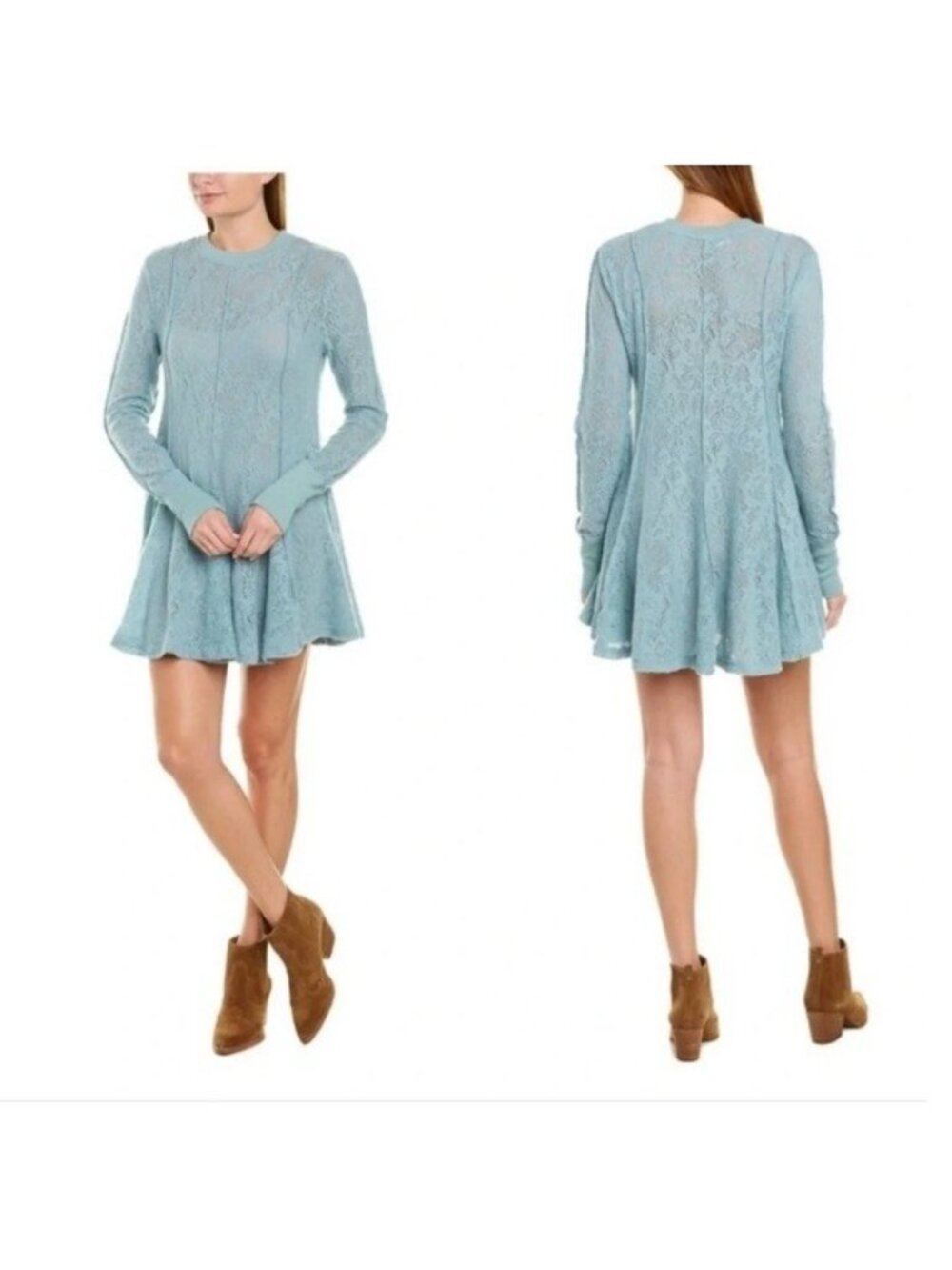 Free People Coffee in The Morning Lace Tunic Dress Blue S
